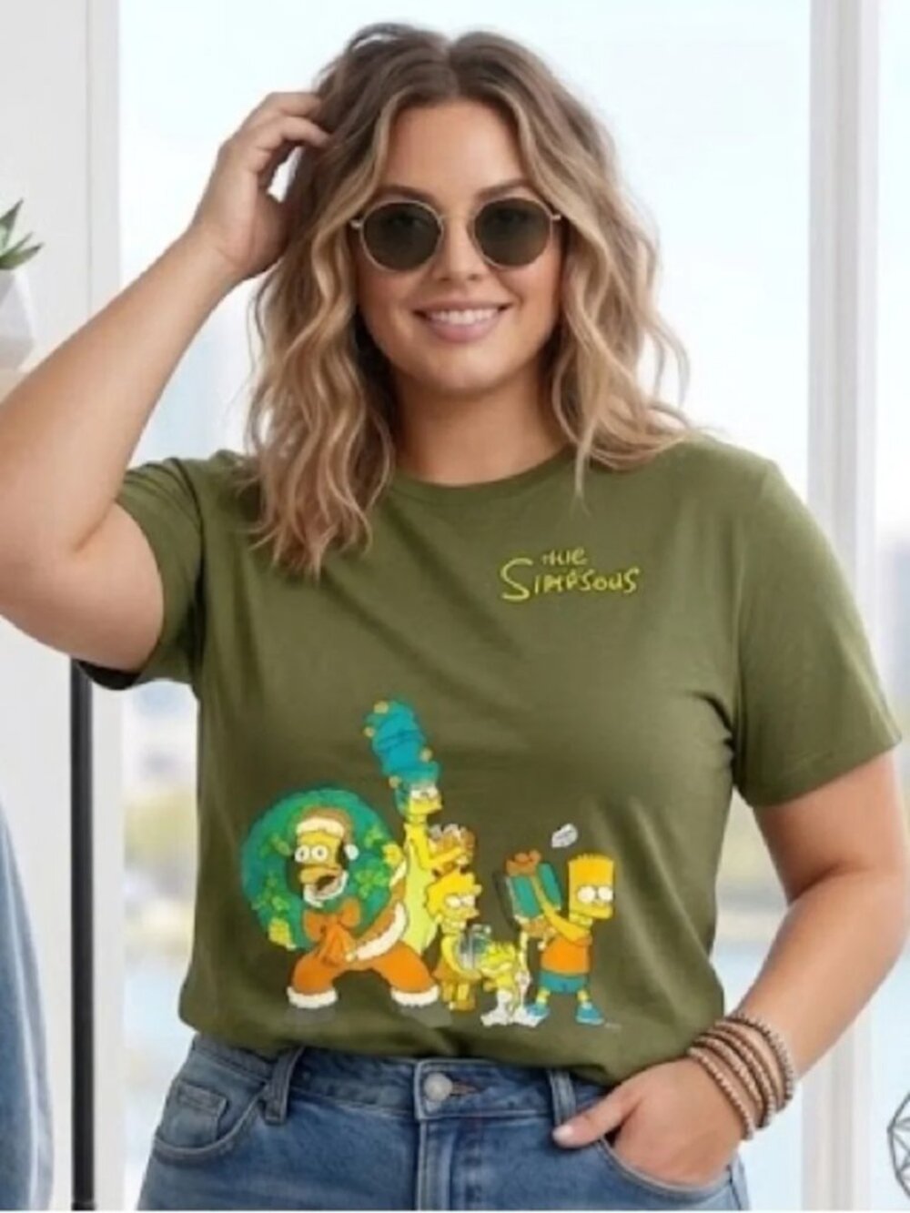 The Simpsons Graphic T Shirt Women's Size XL Olive Green Holiday Tee NWT